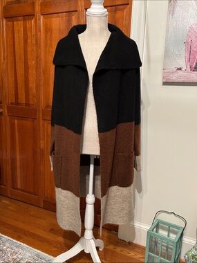 Max Studio Black Brown Cream Colorblock Longline Cardigan